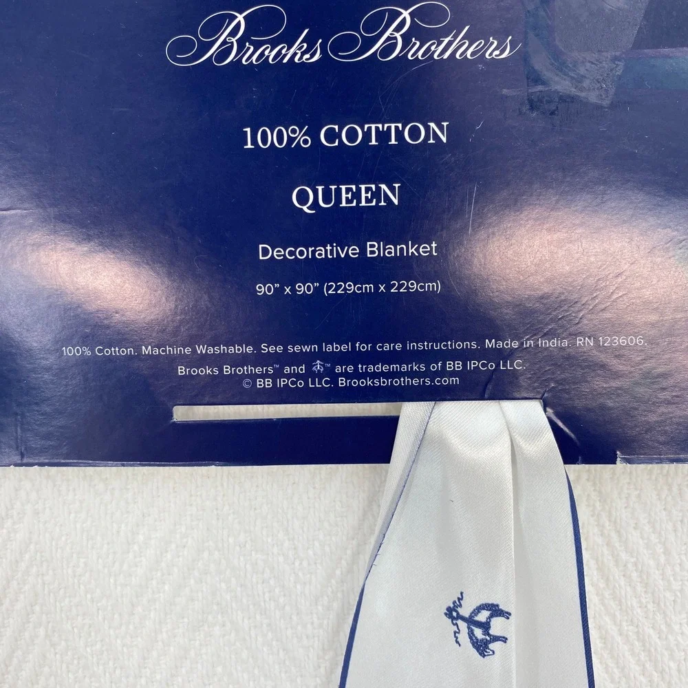 Brooks Brothers Cotton Blanket Queen White Herringbone Weave Crisp Classic